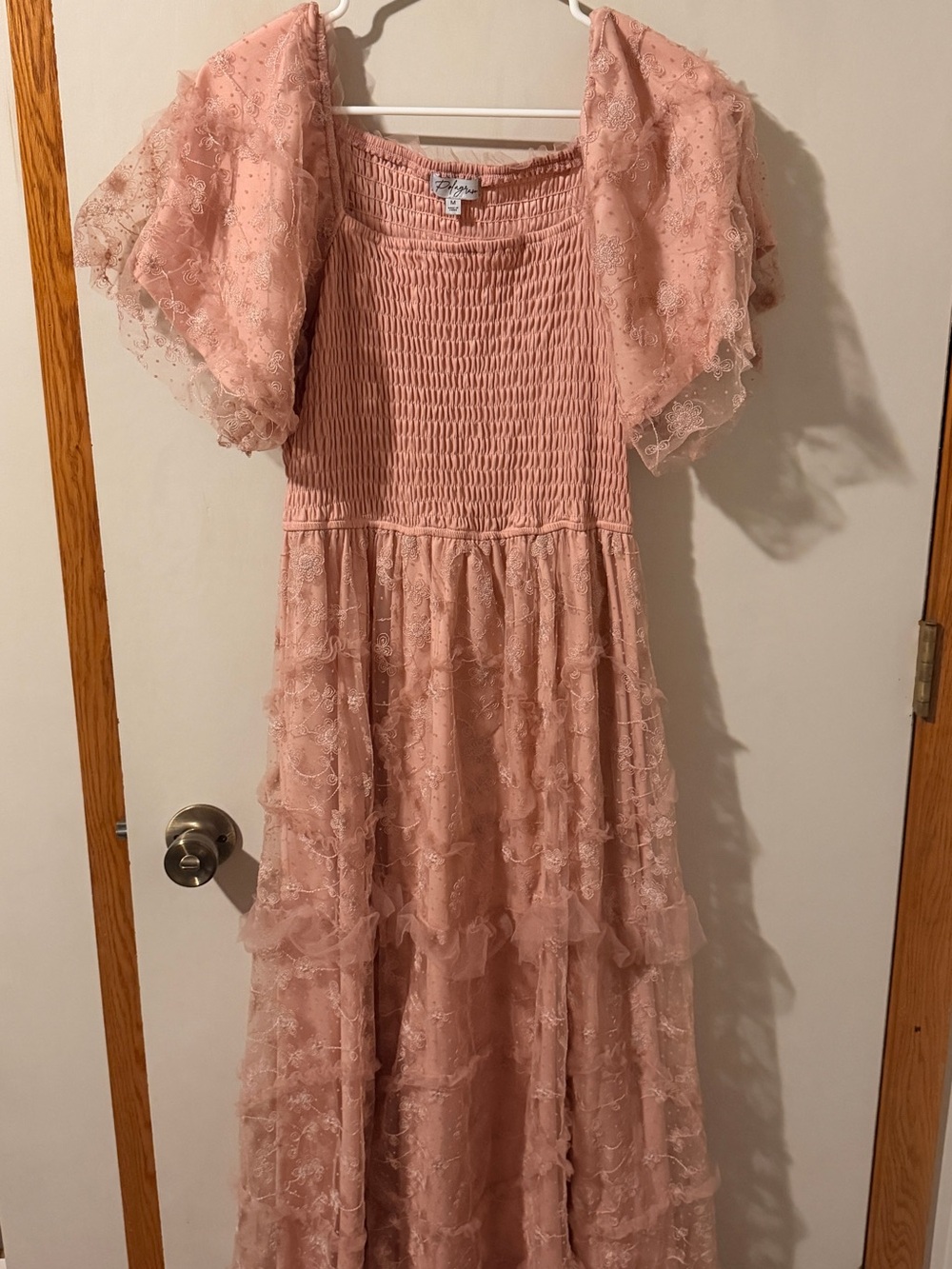 Blush Pink Smocked Lace Maxi Dress with Ruffle Sleeves